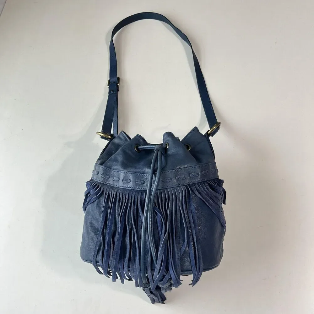Johnny Was Leather Bucket Bag Womens Small Blue Fringe Boho Crossbody Italy Made